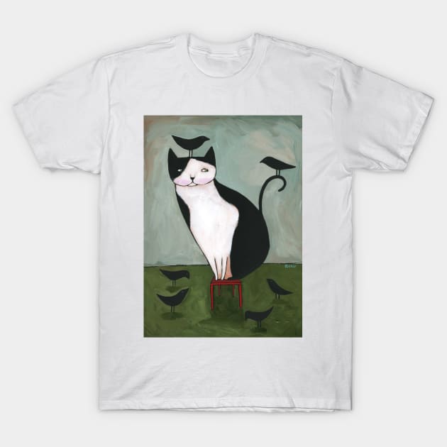 Tuxedo Cat and Crow Friends T-Shirt by KilkennyCat Art